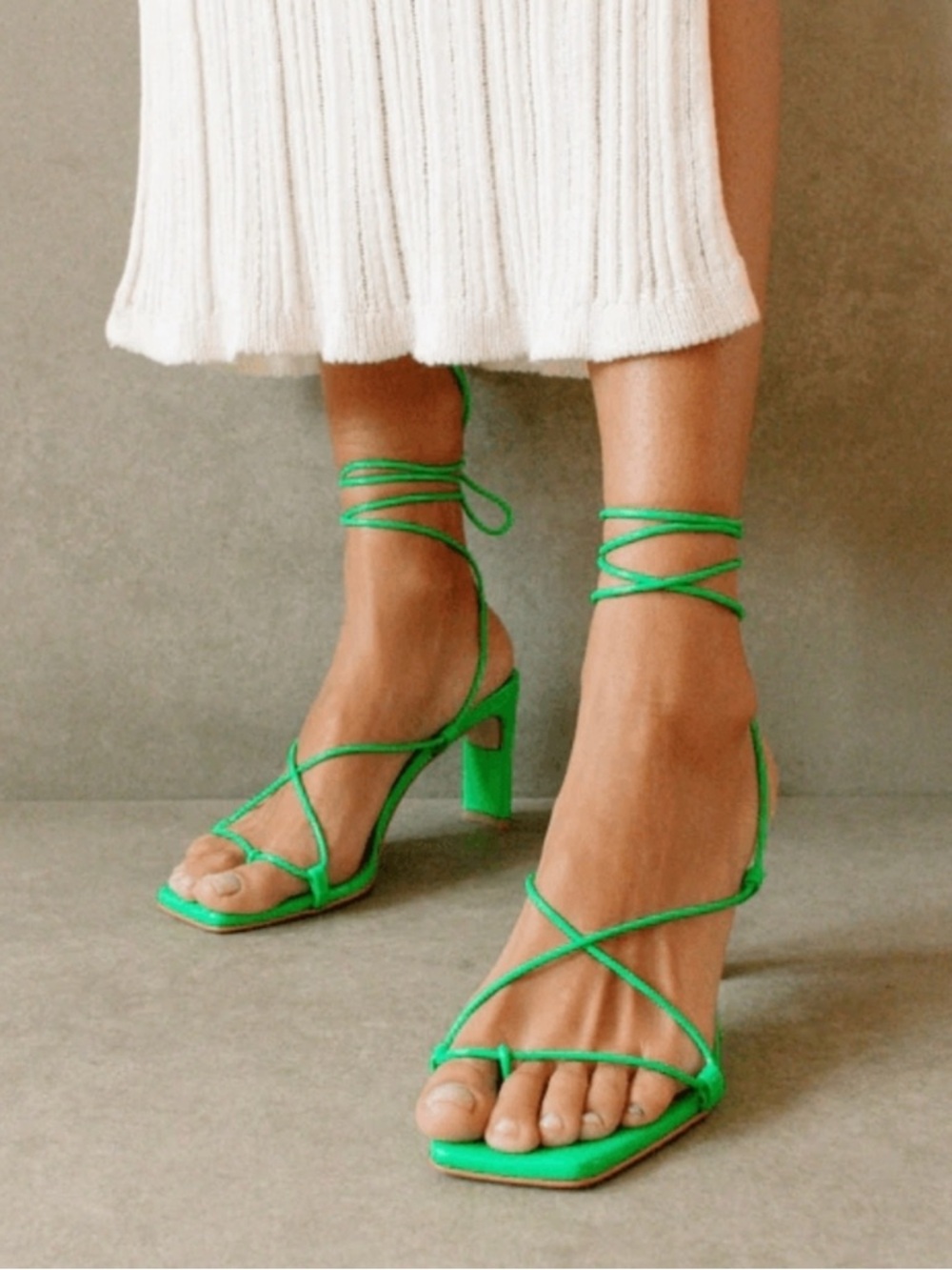 ALOHAS Bright Green Strappy Block Heel Sandals with Ankle Wrap